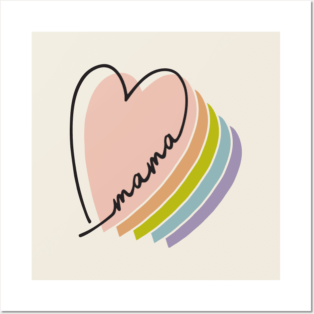 boho rainbow heart mama design line art rainbow heart letters mothers day gift for moms Wall Art by B*Shoppe